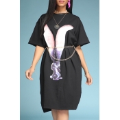 Lovely Casual Rabbit Print Black Knee Length Dress
