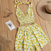 Lovely Bohemian Floral Print Yellow Two-piece Shor