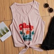 Lovely Casual Lace-up Print Pink Camisole