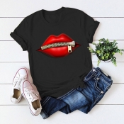 LW COTTON Casual O Neck Lip Print Black T-shirt
