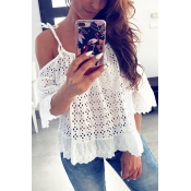 Lovely Trendy Hollow-out White Blouse