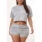 LW Casual Lace-up Grey Two-piece Shorts Set