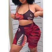 Lovely Sexy Printed Red Two-piece Shorts Set