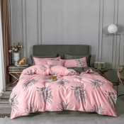 Lovely Trendy Plants Print Pink Bedding Set