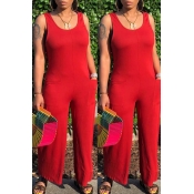 Lovely Casual Pocket Patched Red One-piece Jumpsui