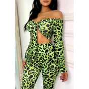 Lovely Stylish Leopard Print Green Two-piece Pants