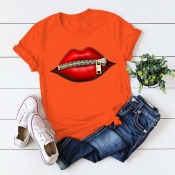 Lovely Plus Size Casual Lip Print Orange T-shirt