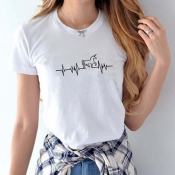 Lovely Casual O Neck Print White Plus Size T-shirt