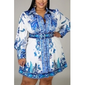 Lovely Casual Print Blue Knee Length Plus Size Dre