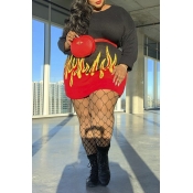 Lovely Trendy Print Black Mini Plus Size Dress