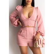 Lovely Stylish Deep V Neck Pink Two-piece Shorts S