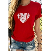 Lovely Casual Heart Print Red T-shirt