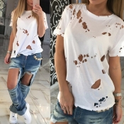 Lovely Leisure O Neck Hollow-out White T-shirt