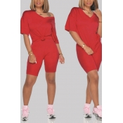 Lovely Leisure Basic Red Two-piece Shorts Set