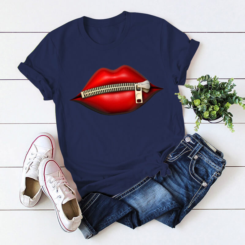Lovely Casual O Neck Lip Print Navy Blue T-shirt