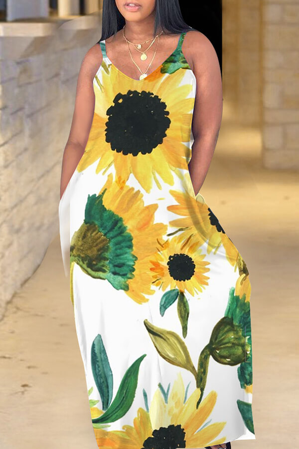 LW Bohemian V Neck Sunflower Print Yellow Maxi Dress