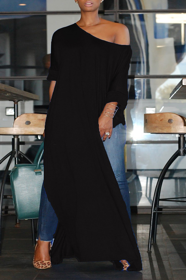 Lovely Casual Side High Slit Black Plus Size Blouse