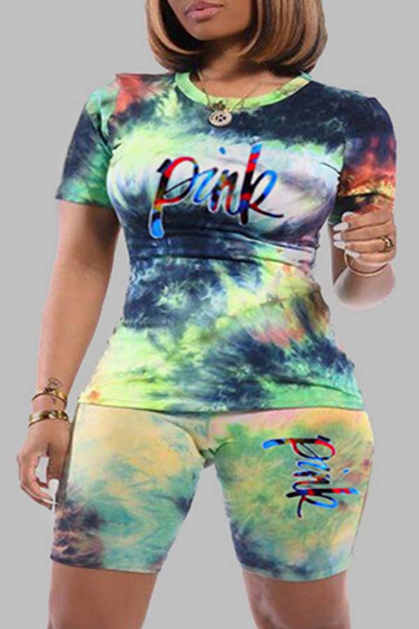 LW Plus Size Tie-dye Green Shorts Set