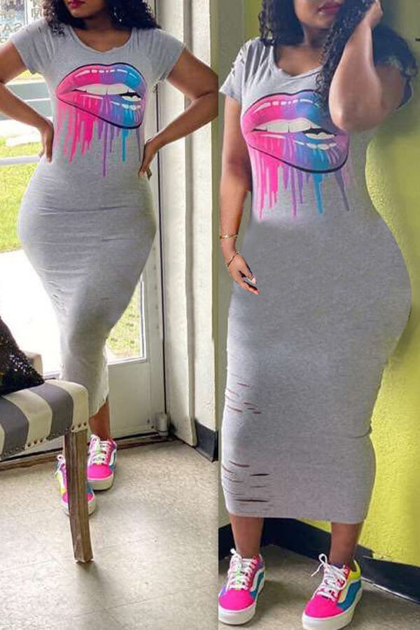 LW Casual Lip Print Grey Ankle Length Dress