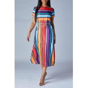 Lovely Trendy Striped Multicolor Mid Calf Dress