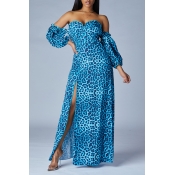 Lovely Trendy Dew Shoulder Print Blue Maxi Dress