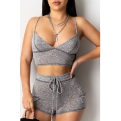 Lovely Sexy Lace-up Grey Yoga Two-piece Shorts Set