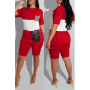 Lovely Casual Patchwork Red Two-piece Shorts Set