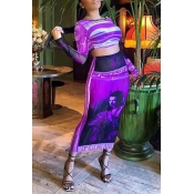 Lovely Trendy O Neck Print Purple Two-piece Skirt 