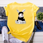 Lovely Leisure O Neck Rabbit Print Yellow Plus Siz