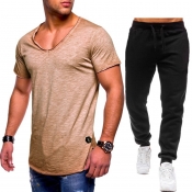 Lovely Casual V Neck Basic Khaki Two-piece Pants S