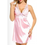 Lovely Sexy Deep V Neck Pink Sleepwear