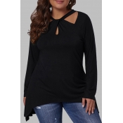 Lovely Casual O Neck Hollow-out Black Plus Size Bl