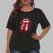 Lovely Casual O Neck Lip Black Plus Size T-shirt