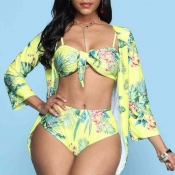 Lovely Plants Print Yellow Two-piece Swimsuit