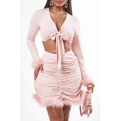 Lovely Trendy Fold Design Pink Two-piece Skirt Set