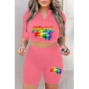 Lovely Casual Lip Print Pink Plus Size Two-piece S