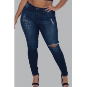 Lovely Casual Hollow-out Navy Blue Plus Size Jeans