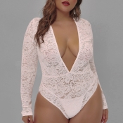 Lovely Sexy Deep V Neck White Plus Size Bodysuit