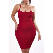 Lovely Sexy Basic Skinny Red Knee Length Dress