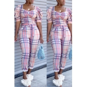 Lovely Casual Grid Print Pink Two-piece Pants Set