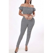 Lovely Trendy Dew Shoulder Grid Black Two-piece Pa