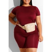 Lovely Plus Size Leisure Basic Wine Red Two-piece 
