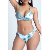 Lovely Plants Print Green Two-piece Swimsuit