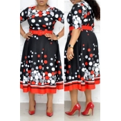 Lovely Casual Print Black Mid Calf Plus Size Dress