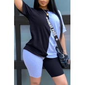 LW Casual O Neck Patchwork Blue Two-piece Shorts S