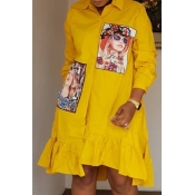 Lovely Trendy Print Yellow Knee Length Dress
