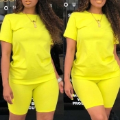 Lovely Casual Basic Yellow Plus Size Two-piece Sho