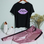 Lovely Casual Lip Print Pink Two-piece Pants Set