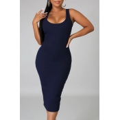 Lovely Casual Basic Navy Blue Knee Length Dress