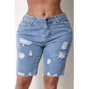 Lovely Casual Broken Holes Blue Shorts